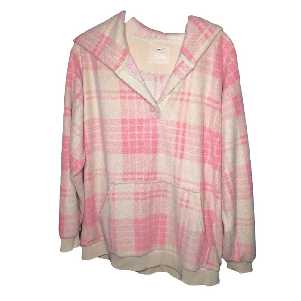 aerie plaid pink cream sherpa hoodie size xs